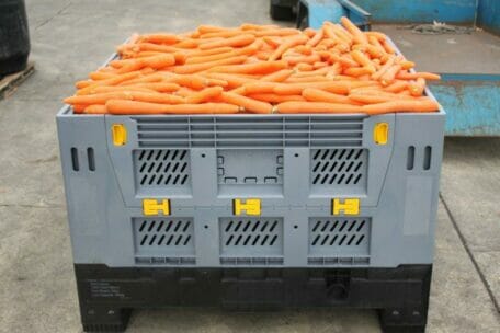 Folding vented Australian Standard plastic box with carrots